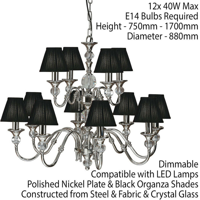 Diana Ceiling Pendant Chandelier Bright Nickel & Black Pleat Shade 12 Lamp Light Loops