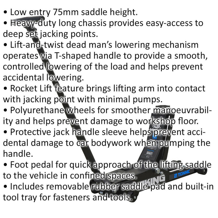 PREMIUM 2T Low Entry & Long Reach Trolley Jack & Rocket Lift - Dead Man's Lower Loops