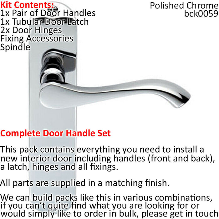 Door Handle & Latch Pack Chrome Modern Scroll Lever Round Backplate 180 x 40mm Loops