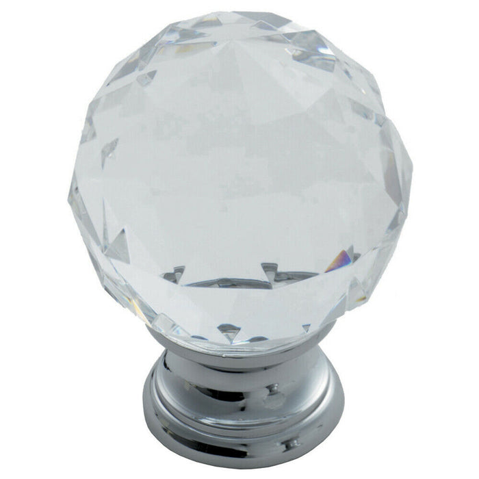 Faceted Crystal Cupboard Door Knob 25mm Dia Polished Chrome Cabinet Handle Loops