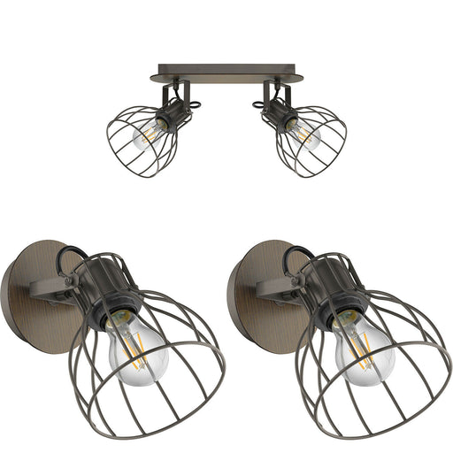 Twin Ceiling Spot Light & 2x Matching Wall Lights Black Industrial Wire Shade Loops