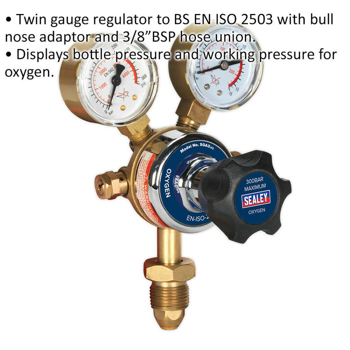 Twin Gauge Oxygen Regulator - Bull Nose Adaptor - 3/8" BSP Hose Union - Pressure Loops