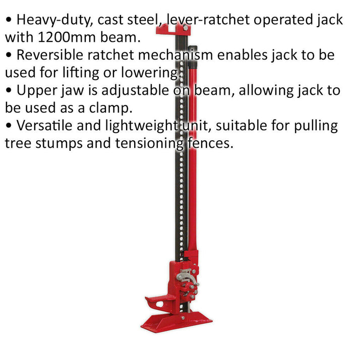 1200mm Heavy Duty Farm Jack - 2.5 Tonne Capacity - Reversible Ratchet Mechanism Loops