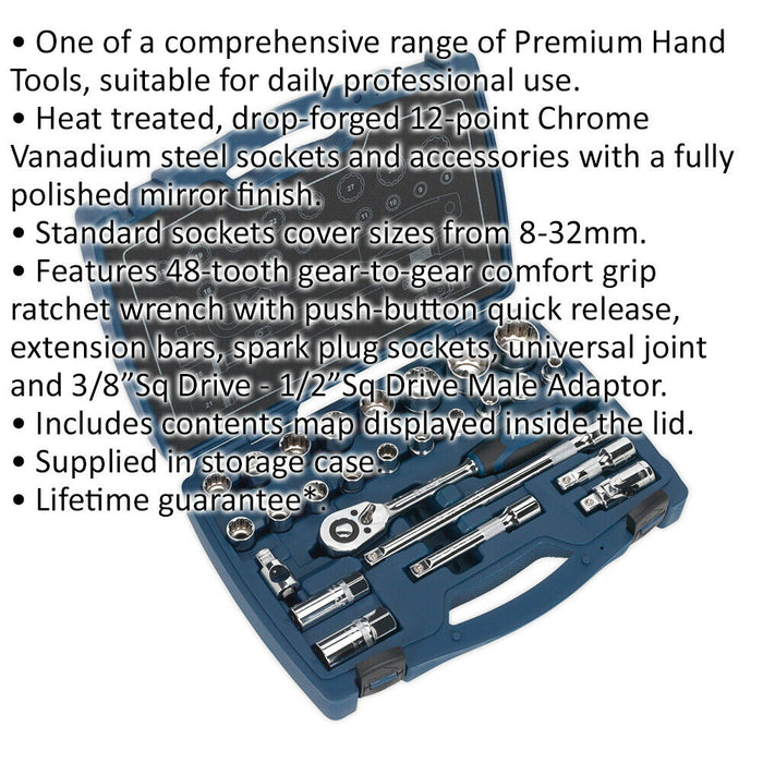 26pc PREMIUM Deep Socket & Ratchet Handle Set 1/2" Square Drive 12 Point Metric Loops