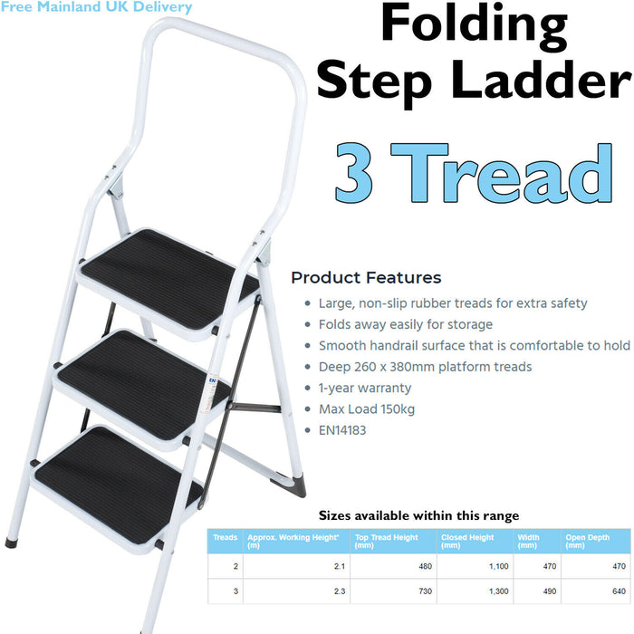 0.75m Folding Step Ladder Safety Stool 3 Tread Compact Anti Slip Rubber Steps Loops