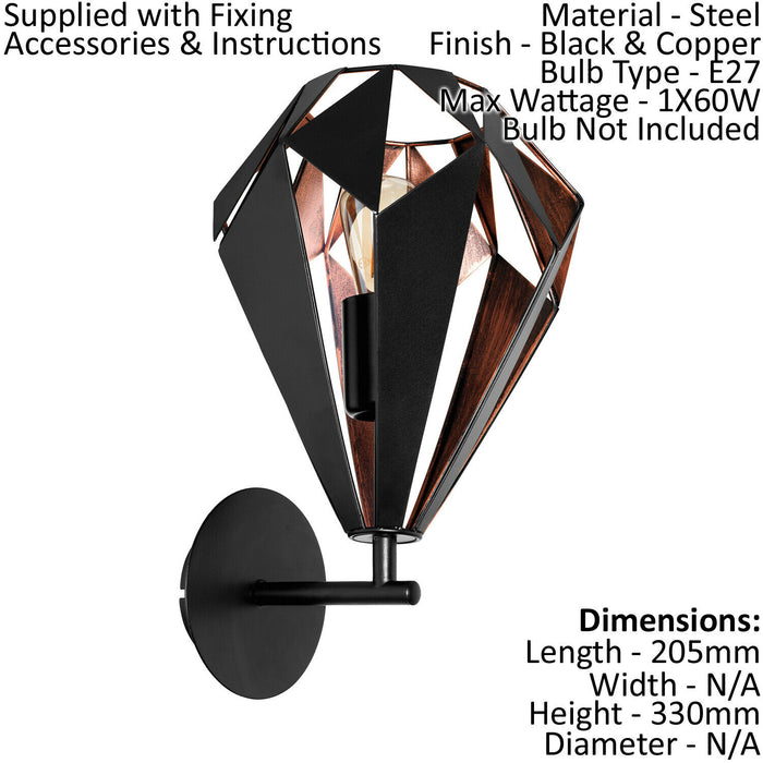 3 Bulb Ceiling Light & 2x Matching Wall Lights Black & Copper Geometric Shade Loops