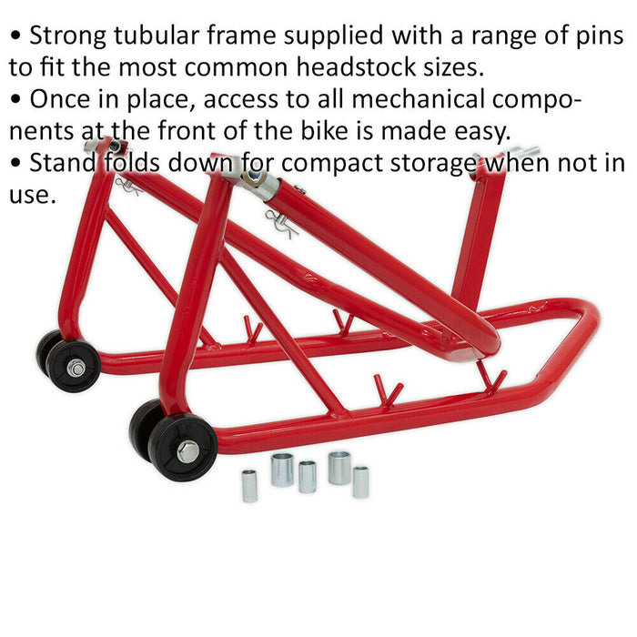 Motorcycle Front Headstock Stand - Strong Tubular Frame - Folds Down for Storage Loops