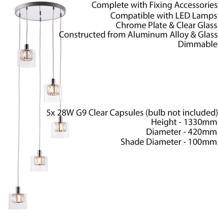 Multi Light Ceiling Pendant 5 Bulb Chrome & Crystal Chandelier Height Drop Lamp Loops