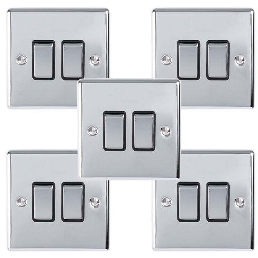 5 PACK 2 Gang Double Metal Light Switch POLISHED CHROME 2 Way 10A Black Trim Loops