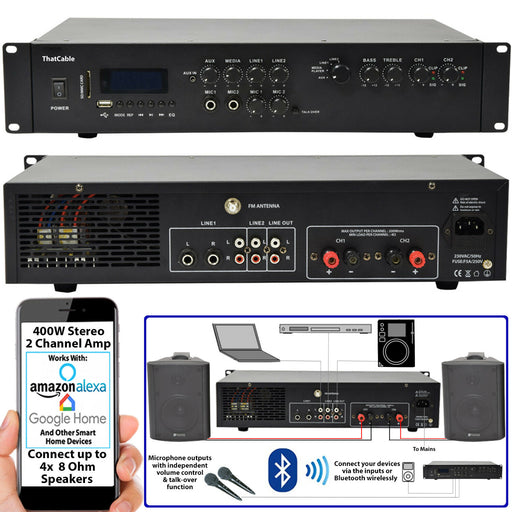 400W Stereo Bluetooth Amplifier 2 Channel Mixer HiFi Amp Wireless Loudspeaker Loops