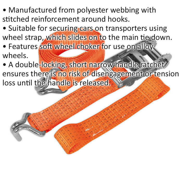 50mm x 3m 5000KG Car Transport Alloy Wheel Ratchet Tie Down Strap - Steel J Hook Loops