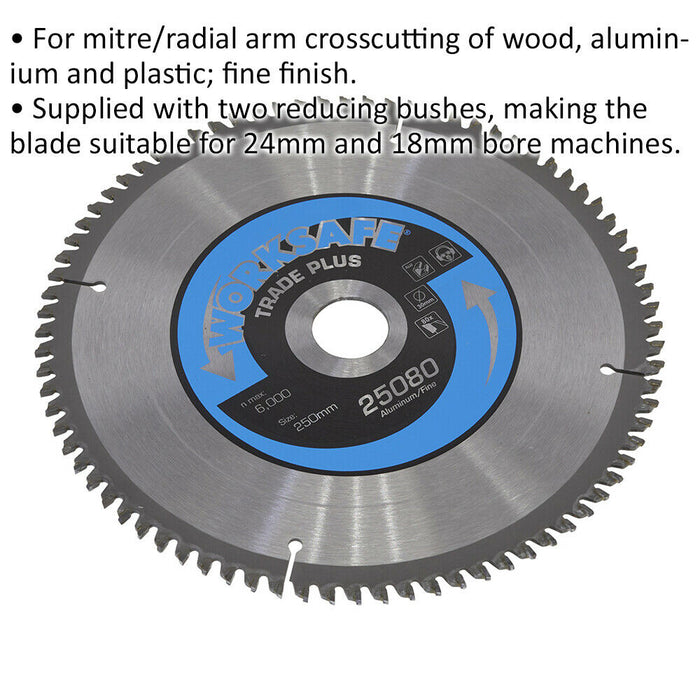 250 x 30mm Aluminium Cutting TCT Saw Blade - 80 TPU - 30mm Bore Circular Blade Loops