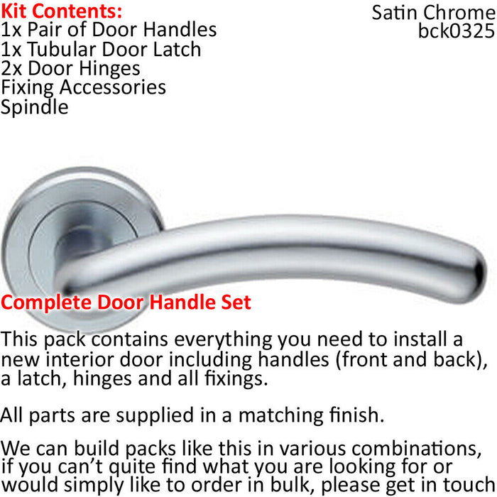 Door Handle & Latch Pack Satin Chrome Modern Curved Bar Screwless Round Rose Loops