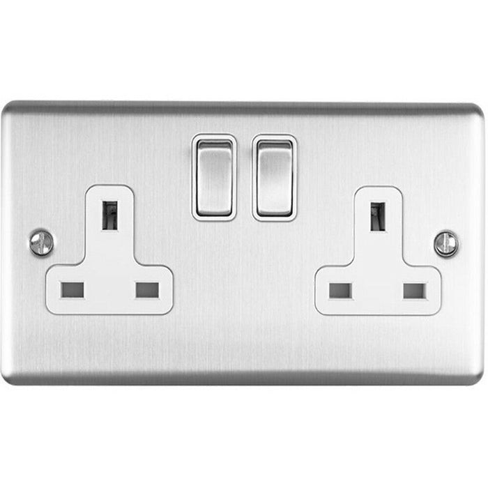 5 PACK 2 Gang Double UK Plug Socket SATIN STEEL & White 13A Switched Outlet Loops