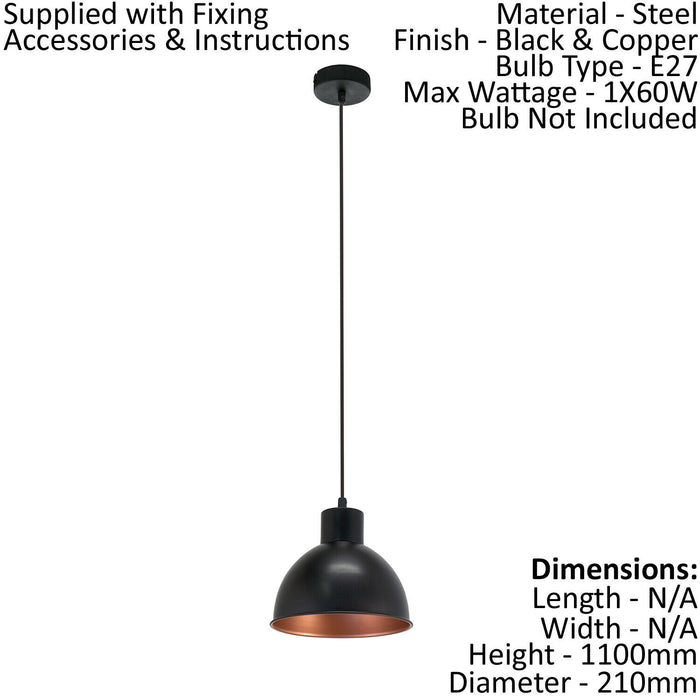 Hanging Ceiling Pendant Light Black & Copper Industrial Shade 1 x 60W E27 Bulb Loops