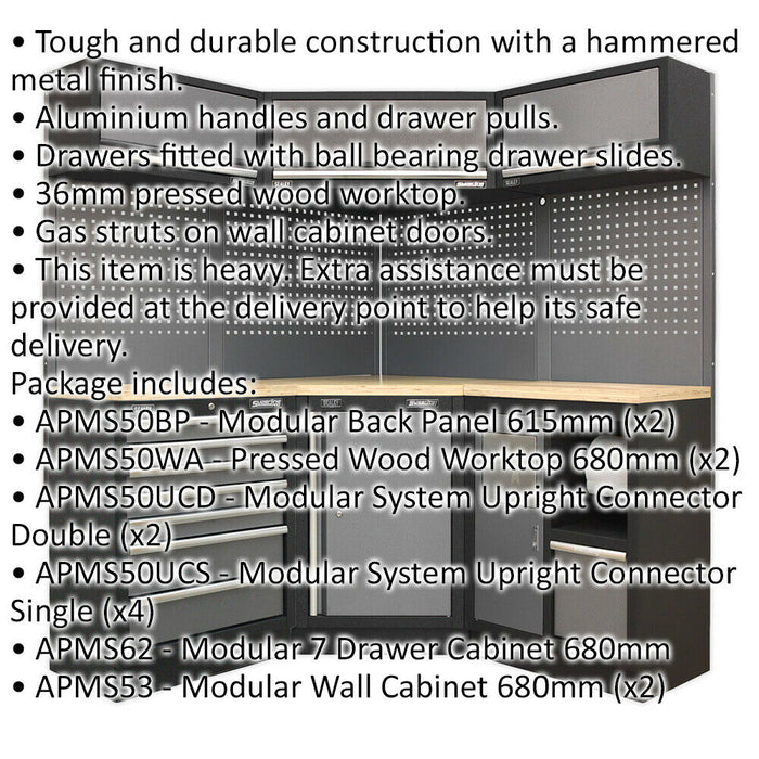 All-in-One 1.6m Garage Corner Storage System - Modular - Pressed Wood Worktop Loops