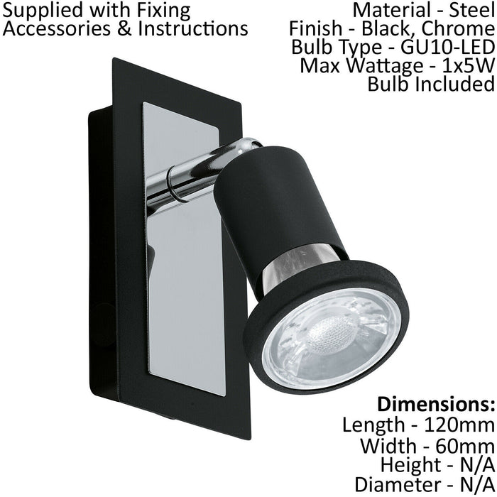 Wall Spot Light Black & Chrome Back Plate & Shade Rocker Switch Bulb GU10 1x5W Loops