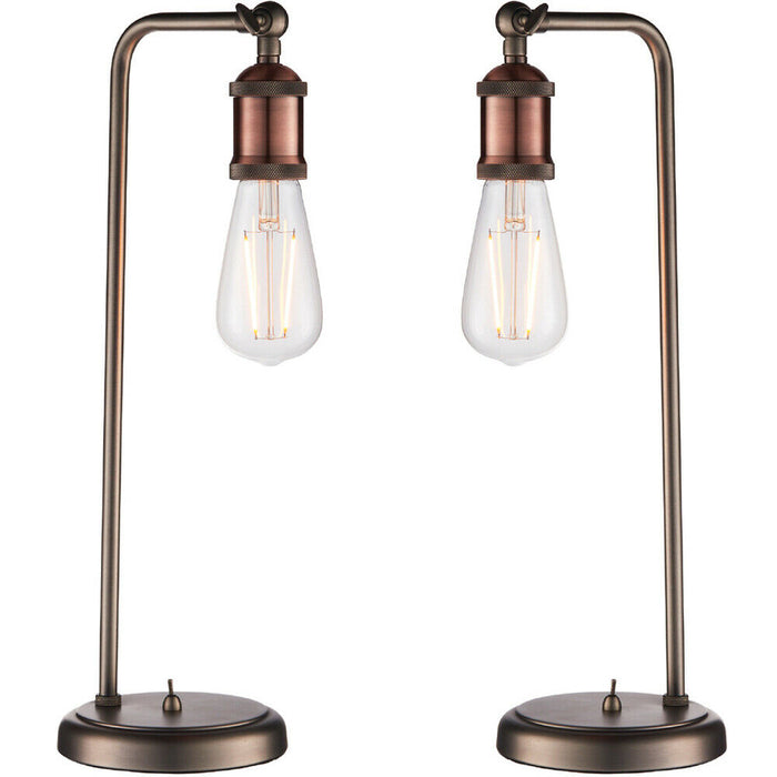 2 PACK Modern Hangman Table Lamp Aged Copper Pewter Industrial Arm Bedside Light Loops