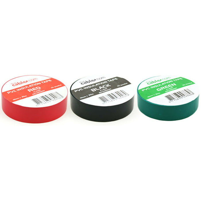 3 Pack PVC Electrical Insulation Tape 20m x 19mm Red Black Green Power Cable Loops