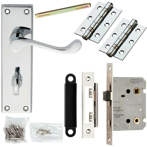 Door Handle & Bathroom Lock Pack Chrome Victorian Scroll 150 x 43mm Backplate Loops