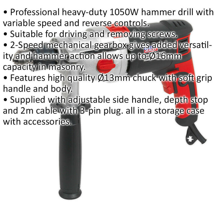 1050W Heavy Duty Hammer Drill - 13mm Chuck - Variable Speed Mechanical Gearbox Loops