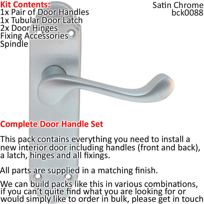 Door Handle & Latch Pack Satin Chrome Victorian Upturned Scroll Backplate Loops