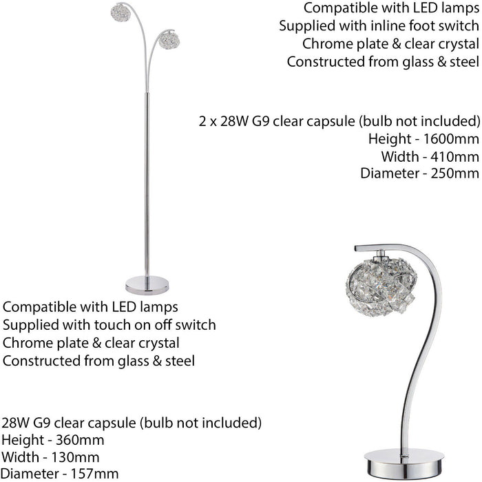 Standing Floor & Table Lamp Set Chrome & Pretty Crystal Cluster Twist Light Loops