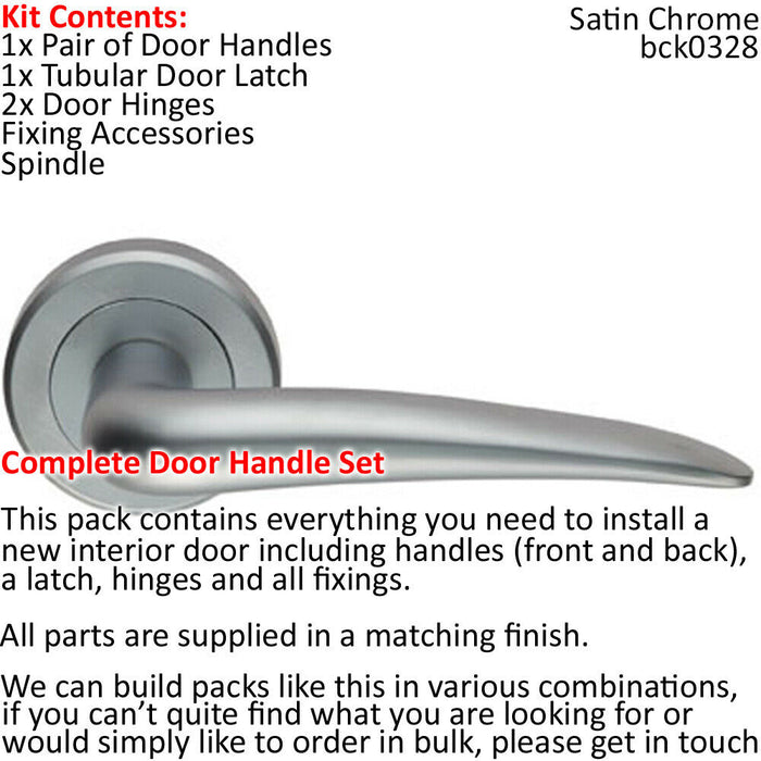 Door Handle & Latch Pack Satin Chrome Straight & Tapered Screwless Round Rose Loops