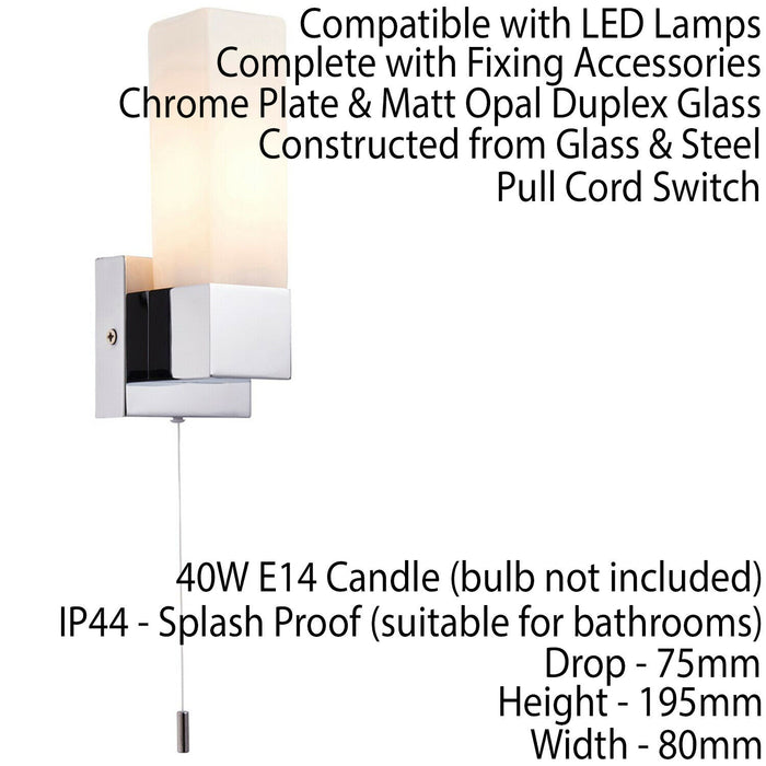 IP44 Bathroom Wall Light Chrome & Frosted Glass Modern Rectangle Fitting Lamp Loops