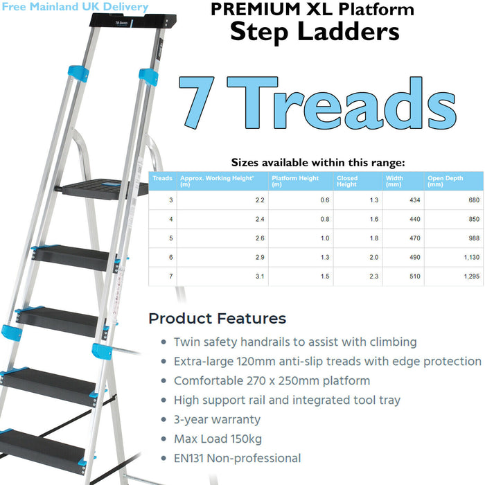 1.5m XL Platform Step Ladders 7 Tread Anti Slip Steps & Tool Tray Aluminium Loops