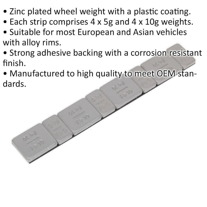 100 PACK 5 & 10g Adhesive Wheel Weights - Strip of 8 - Plastic Coated Steel Loops