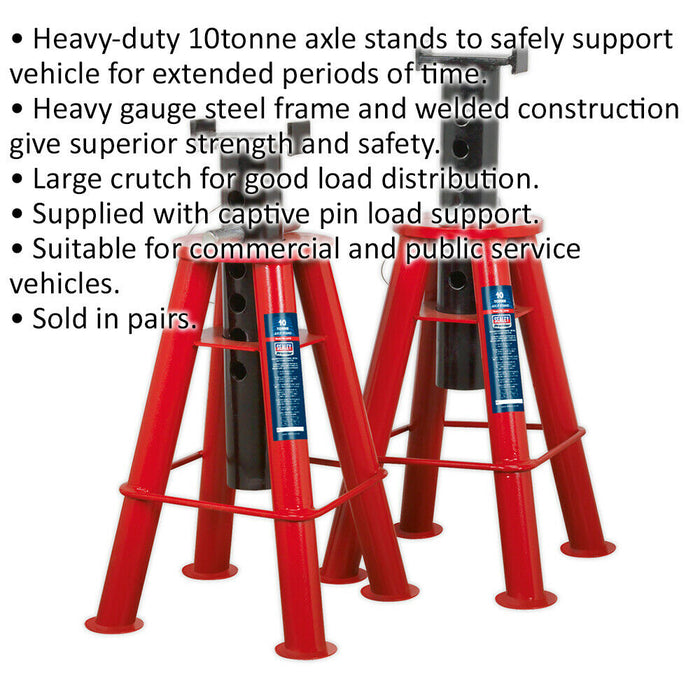 PAIR 10 Tonne Axle Stands - Heavy Duty Steel Frame - 562 to 775mm - Large Crutch Loops