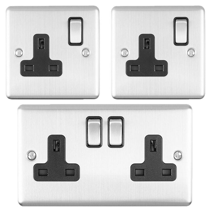 UK Plug Socket Pack -1x Twin & 2x Single Gang- SATIN STEEL / Black 13A Switched Loops