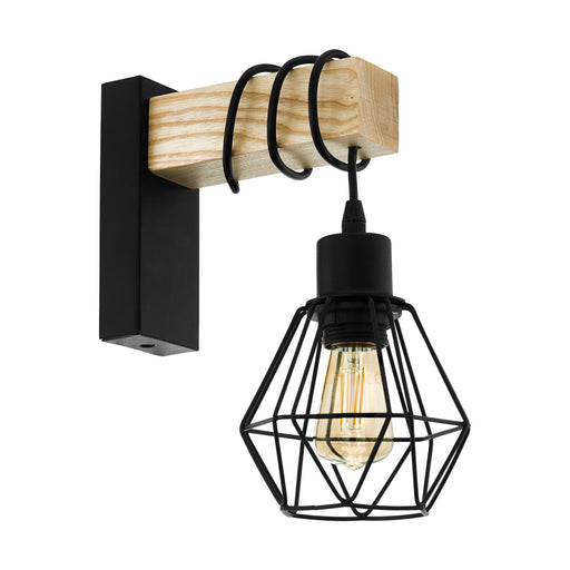 LED Wall Light / Sconce Black Plate & Wood Hangman Cage 1 x 10W E27 Bulb Loops
