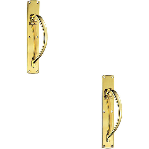 2x Right Handed Curved Door Pull Handle 457 x 75mm Backplate Polished Brass Loops