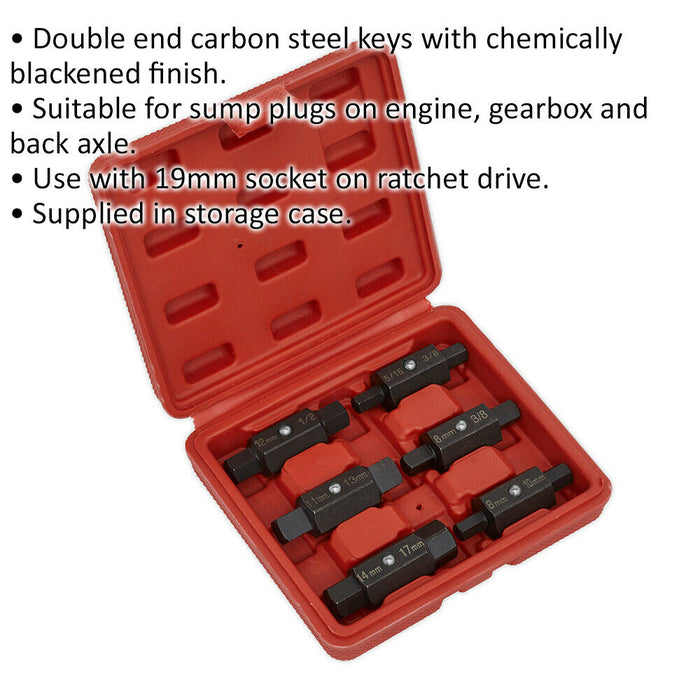 6 Piece Double Ended Oil Drain Plug Key Set - Sump Plug Removal - Carbon Steel Loops