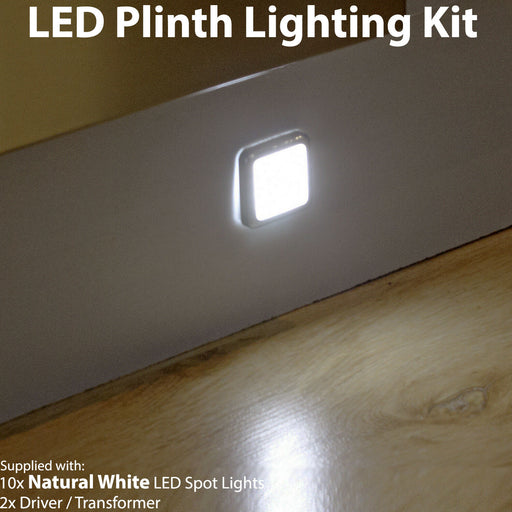 Square LED Plinth Light Kit 10 NATURAL WHITE Spotlights Kitchen Bathroom Panel Loops