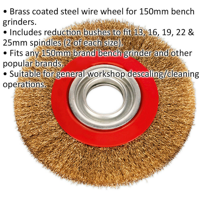 150 x 13mm Wire Brush Wheel - Brass Coated Steel - 32mm Bore - Bench Grinding Loops