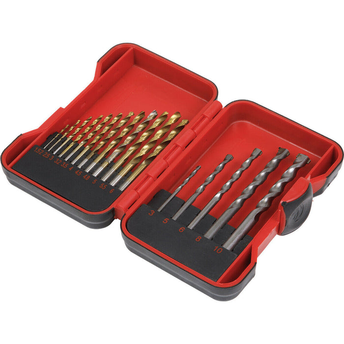 17 Piece Drill Bit Set - 12 Titanium Coated HSS & 5 Tungsten Steel Masonry Bits Loops