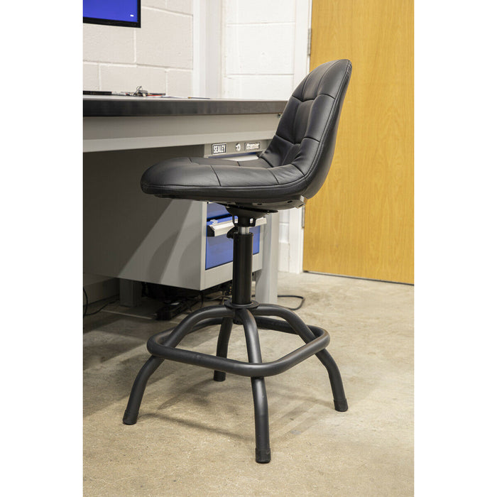 Pneumatic Workshop Stool - Adjustable Height - Swivel Seat With Back Rest Loops