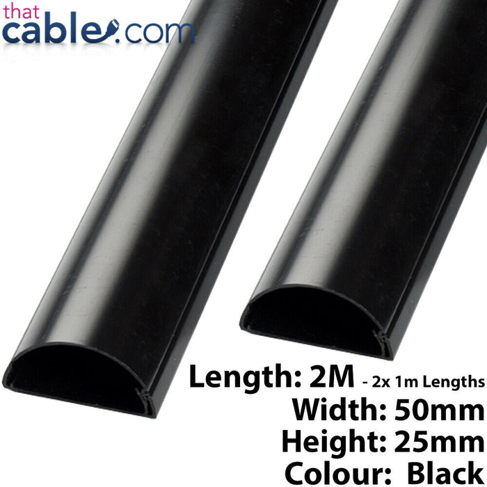 2x 1m (2m) 50mm x 25mm Black Scart / Data Cable Trunking Conduit Cover AV TV Loops
