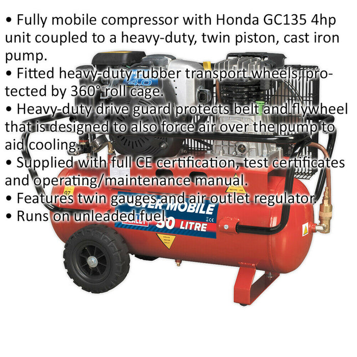 50 Litre Belt Drive Air Compressor - 4hp Petrol Engine - Twin Gauge & Air Outlet Loops