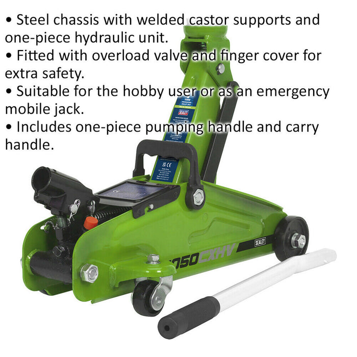 Short Chassis Trolley Jack - 2 Tonne Capacity - 322mm Max Height - Green Loops