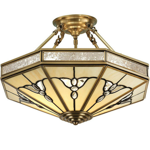Luxury Semi Flush Ceiling Light Antique Brass & Tiffany Stained Glass Pattern Loops