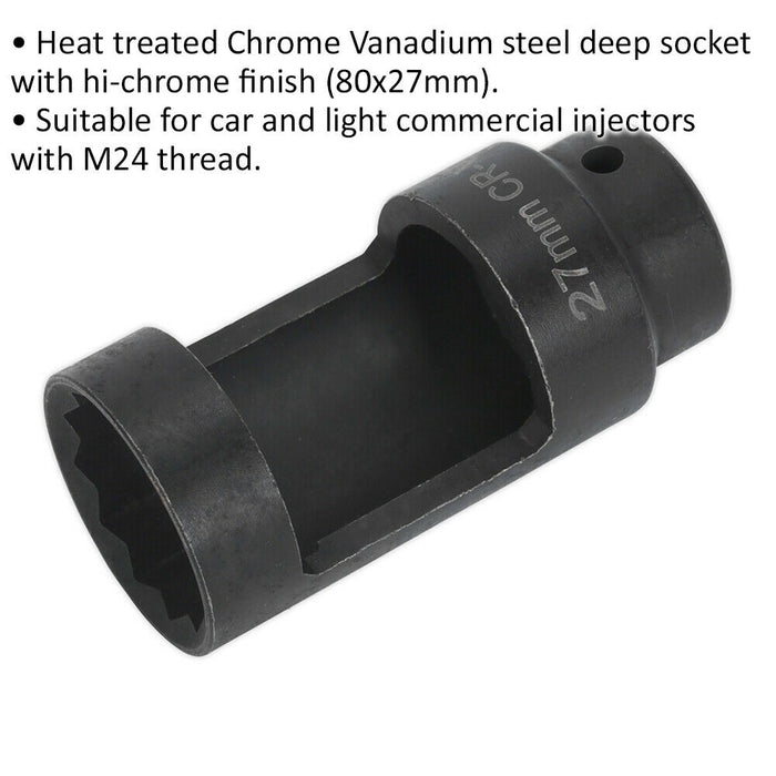 27mm Thin Wall Injector Socket - 1/2" Sq Drive - 80mm Depth - Deep Steel Socket Loops