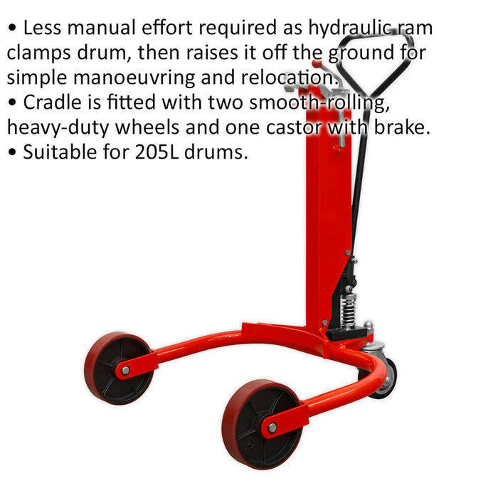 205L Hydraulic Drum Truck - 300mm Lifting Height - Heavy Duty Wheels - Brake Loops