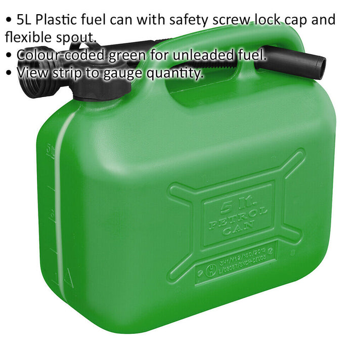 5 Litre Plastic Fuel Can -  Safety Screw Lock Cap - Flexible Spout - Green Loops