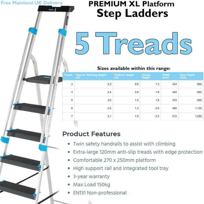 1m XL Platform Step Ladders 5 Tread Anti Slip Steps & Tool Tray Aluminium Loops