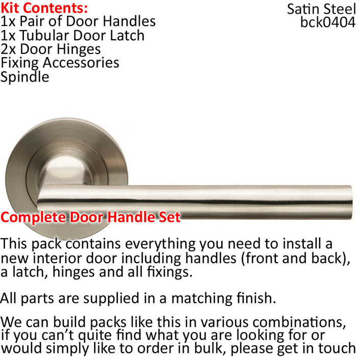 Door Handle & Latch Pack Satin Steel Slim Straight Lever Screwless Round Rose Loops
