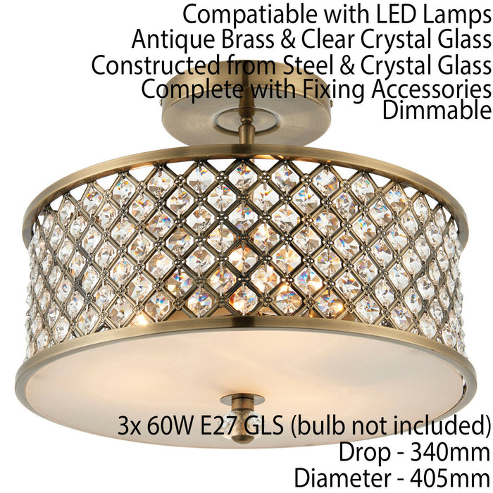 Flush Ceiling Mounted Light Antique Brass & Crystal Lamp Bulb Holder Round Shade Loops